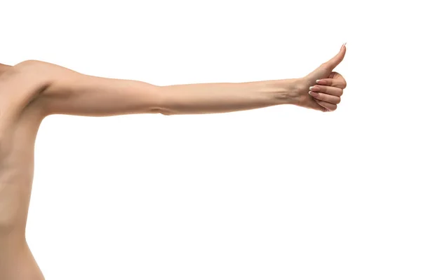 Young Woman Stretched Skinny Arm Thumb Isolated White Background — Foto Stock