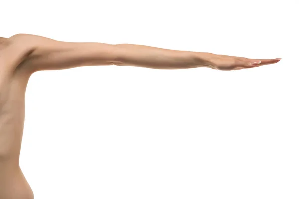 Young Woman Stretched Arm Palm Isolated White Background — Zdjęcie stockowe