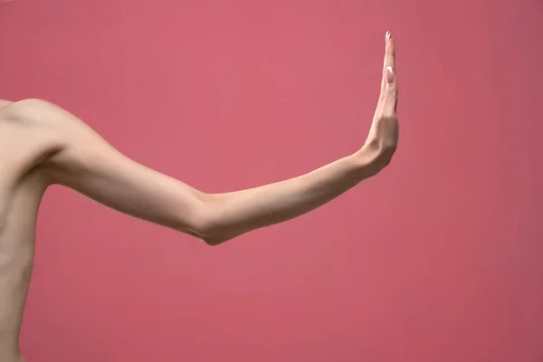 Young Woman Stretched Skinny Arm Stop Gesture Isolated Pink Background — 스톡 사진