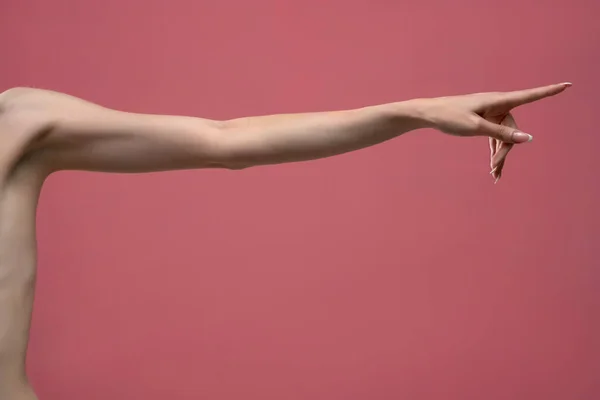 Young Woman Stretched Skinny Arm Touching Imaginary Product Index Finger — 스톡 사진