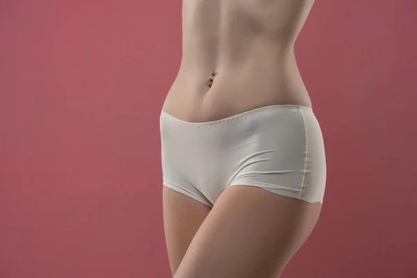 Mid Section Woman Wearing White Briefs Front View Pink Background — ストック写真