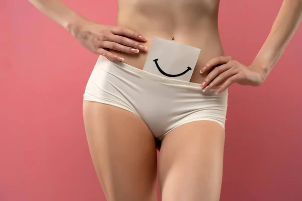 Woman White Panties Piece Paper Drawn Smile — Photo