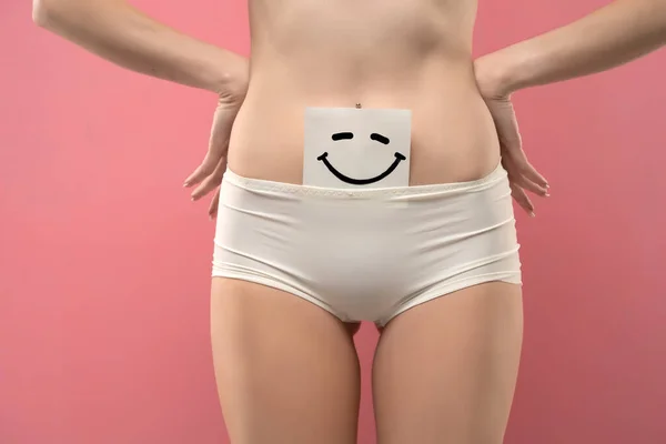 Woman White Panties Piece Paper Drawn Smile — Stock Photo, Image