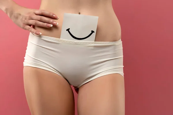 Woman White Panties Piece Paper Drawn Smile — Zdjęcie stockowe