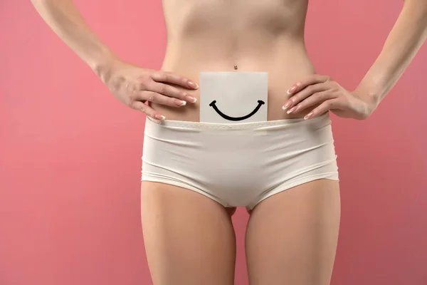 Woman White Panties Piece Paper Drawn Smile — ストック写真
