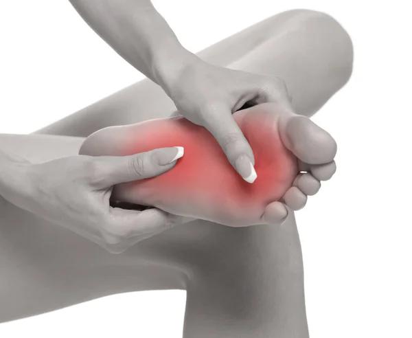 Woman Massaging Her Painful Foot White Studio Background — Fotografia de Stock