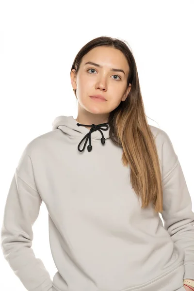 Portrait Young Woman Tracksuit White Background — 스톡 사진