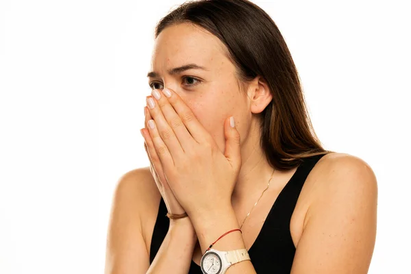 Woman Shock Covers Her Mouth Her Hands White Background — Stock fotografie
