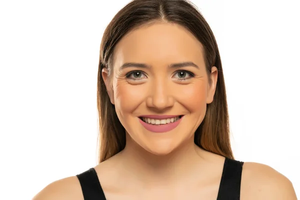 Portrait Young Beautiful Smiling Woman Blue Eyes Makeup White Background — Foto de Stock