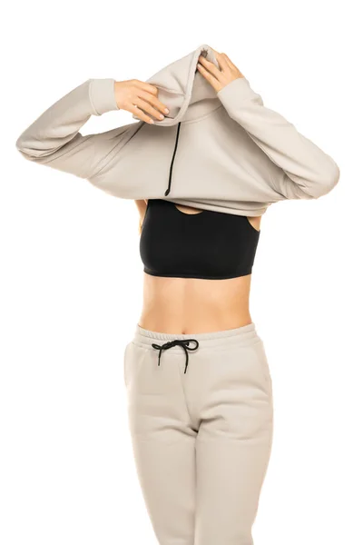 Front View Young Woman Takong Her Gray Tracksuit Hood White — 스톡 사진