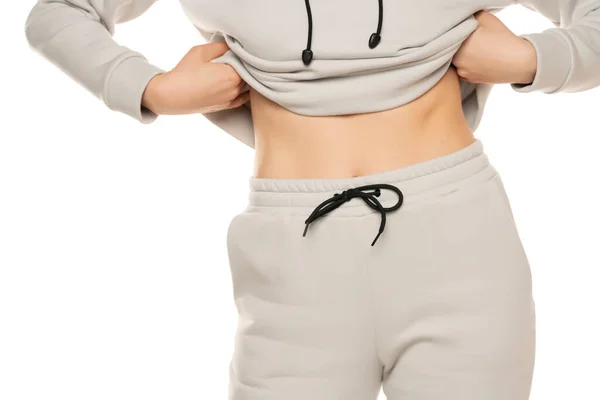 Ausgeschnittenes Foto Einer Dame Sportbekleidung Die Ihren Bauch Auf Weißem — Stockfoto