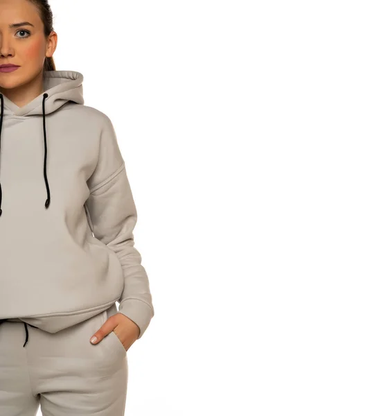 Half Portrait Young Woman Tracksuit White Background — Foto Stock