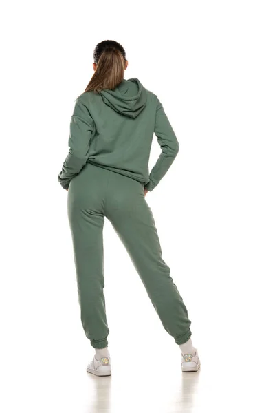 Rear View Young Woman Green Tracksuit Posing White Background Studio — Φωτογραφία Αρχείου