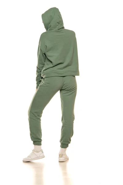 Rear View Young Woman Green Tracksuit Posing Hood White Background — Photo