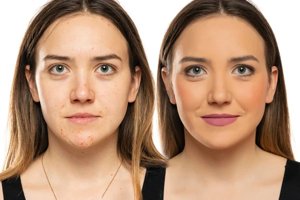 Comparaison Portrait Une Femme Sans Avec Maquillage Sur Fond Blanc — Photo