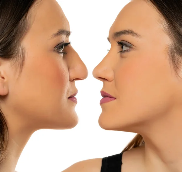 Comparative Portrait Female Face Plastic Surgery Nose White Background — Stockfoto