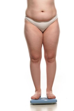 obesity and overweight, overweight woman legs and belly on the scale, concept of obesity.