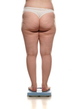 obesity and overweight, overweight woman legs and buttocks on the scale, concept of obesity.