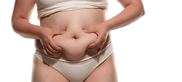 Fat Belly Woman Squeezing Fat Roll Her Belly White Background — Stock Photo, Image