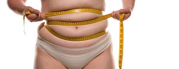 Overweight Woman Tape Measuring Fat Belly — Stock Photo, Image