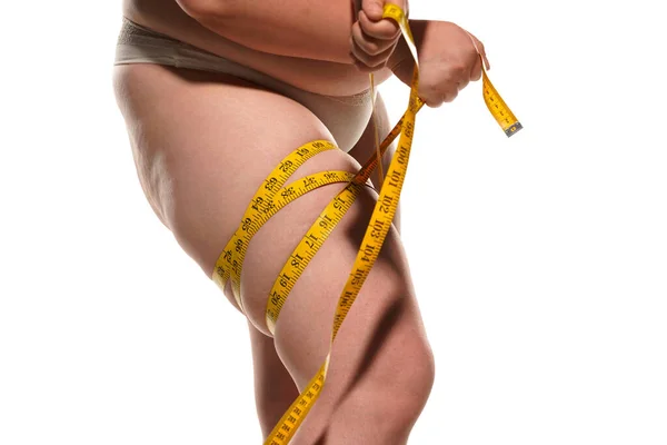 Overweight Woman Tape Measuring Fat Legs — Stock Photo, Image