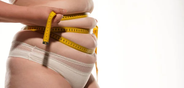 Overweight Woman Tape Measuring Fat Belly — Stock Photo, Image