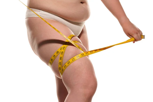 Overweight Woman Tape Measuring Fat Legs — Stok fotoğraf