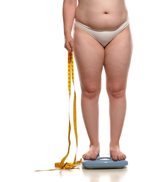 Obesity Overweight Overweight Woman Legs Belly Scale Holding Mettering Tape — Fotografia de Stock