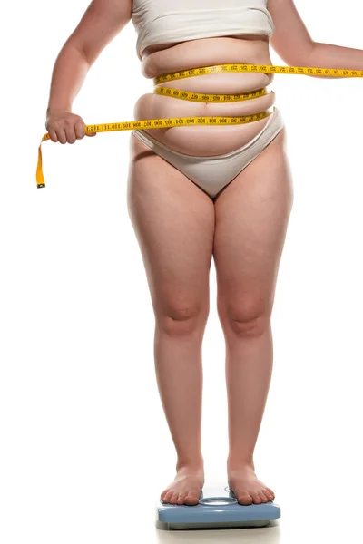 Obesity Overweight Overweight Woman Legs Belly Scale Holding Mettering Tape — Stock Photo, Image