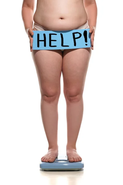 Obese Woman Standing Scale Holding Help Board Her Belly — Foto Stock