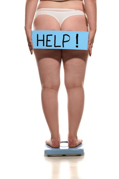 Back View Obese Woman Standing Scale Holding Help Board Her — Stockfoto