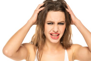 Young woman hand itchy scalp, Hair care concept.