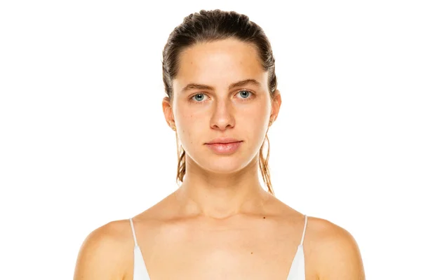 Portrait Young Woman Tied Hair Makeup White Background — Fotografia de Stock