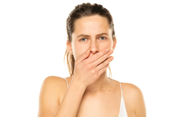 Image Shocked Young Lady Blue Eyes Posing Isolated White Background — Zdjęcie stockowe