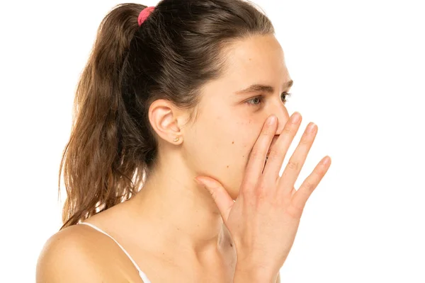 Profile Image Whispering Young Lady Blue Eyes Posing Isolated White — Foto Stock