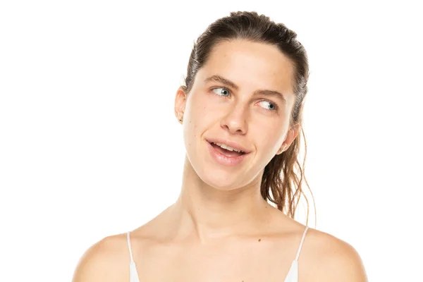 Portrait Young Smiling Woman Tied Hair Makeup White Studio Background — Zdjęcie stockowe