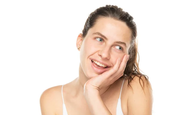 Portrait Young Happy Woman Tied Hair Makeup White Background — Fotografia de Stock