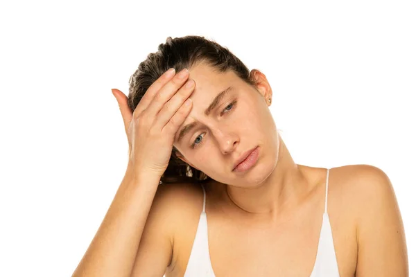 Young Woman Headache White Background — Zdjęcie stockowe