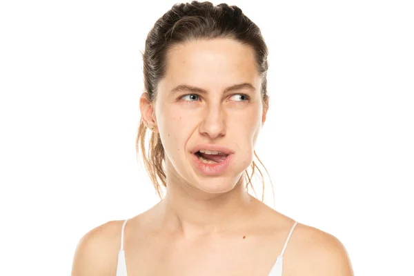 Young Woman Checking Her Mouth Using Tongue White Background — Stok fotoğraf