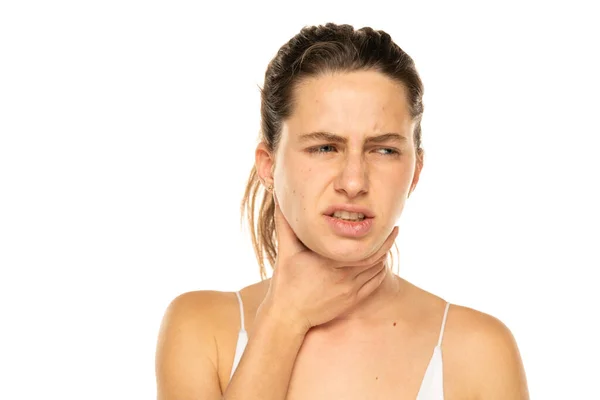 Young Woman Throat Pain White Background — Stock Photo, Image