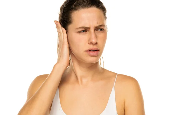 Young Woman Ear Ache White Background — Stockfoto