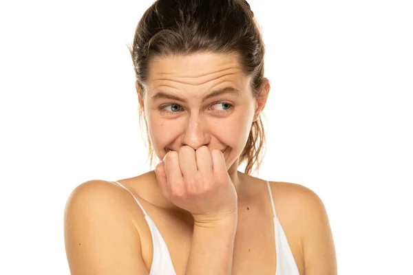 Embarrassed Young Woman Laughing Covering Mouth Hand White Background — Fotografia de Stock