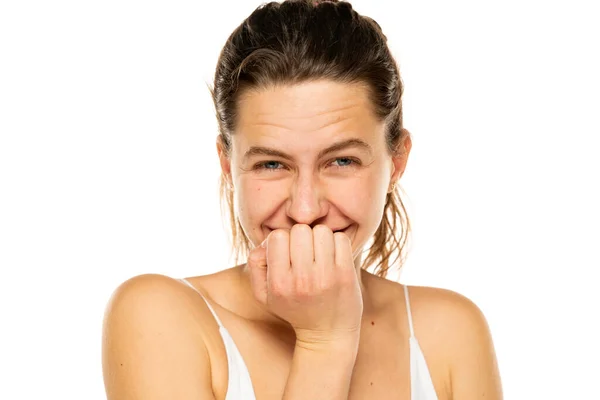 Embarrassed Young Woman Laughing Covering Mouth Hands White Background — Zdjęcie stockowe