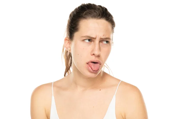 Young Disgusted Woman White Studio Background — Fotografia de Stock
