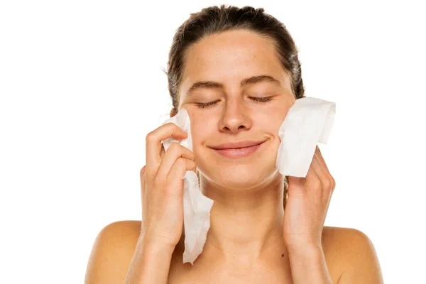 Young Happy Woman Removing Makeup Wet Tissues White Background — Stock Photo, Image