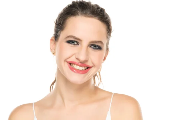 Beautiful Happy Woman Make Tied Hair White Background — Foto de Stock