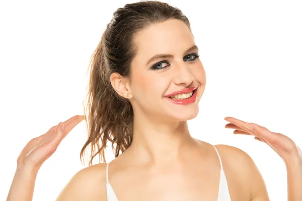 Beautiful Happy Woman Make Tied Hair White Background — Zdjęcie stockowe