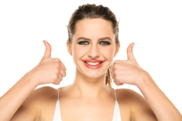 Beautiful Happy Woman Make Tied Hair Showing Thumbs White Background — Fotografia de Stock