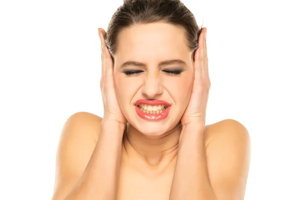 Photo Stressed Young Woman Cover Hands Ears Loud Noise Isolated — Foto Stock