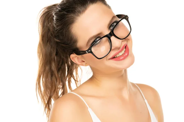 Beautiful Happy Woman Make Glasses White Background — Foto Stock